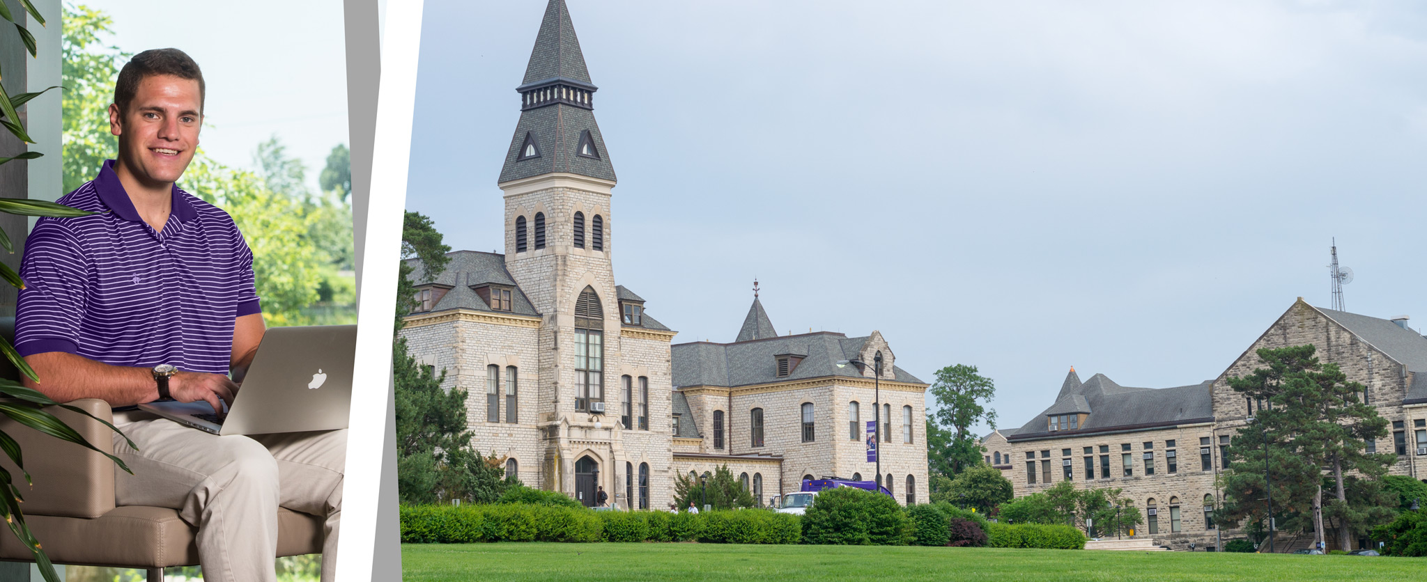 student on laptop superimposed over an image of anderson hall at Kansas State University